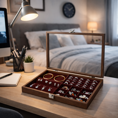 Boîte à bijoux en bois avec couvercle transparent et compartiments multiples