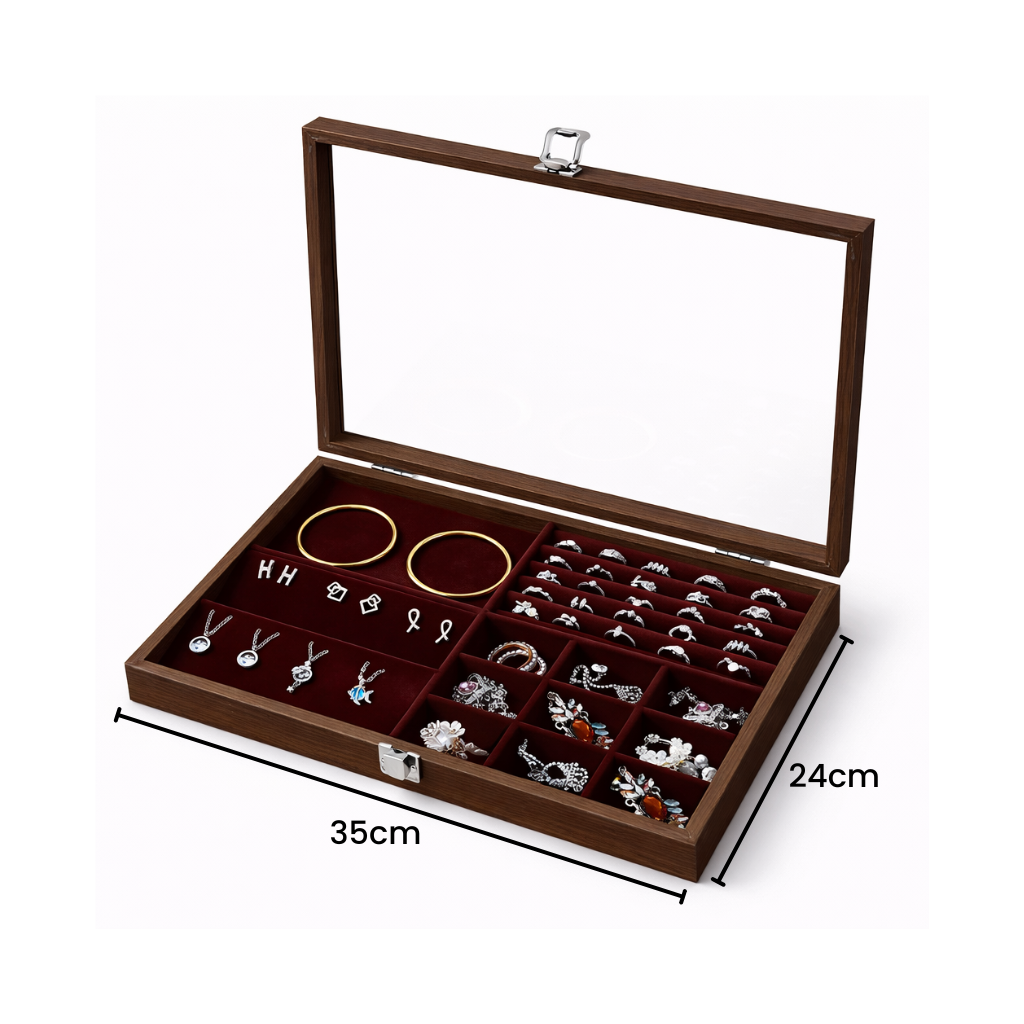 Boîte à bijoux en bois avec couvercle transparent et compartiments multiples