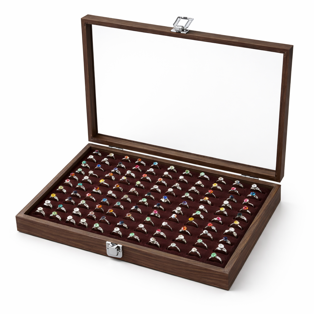 Boîte à bagues en bois avec couvercle transparent et plateaux rainurés