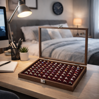 Boîte à bagues en bois avec couvercle transparent et plateaux rainurés