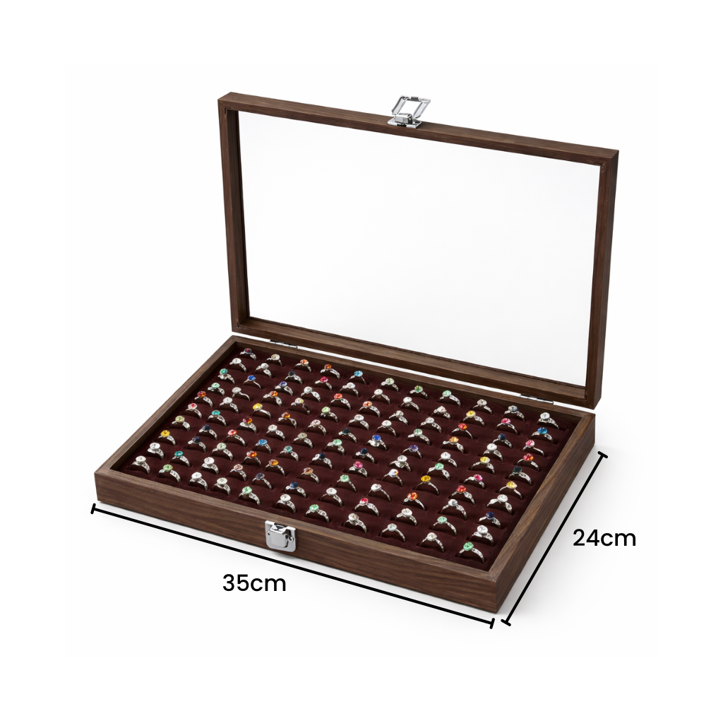 Boîte à bagues en bois avec couvercle transparent et plateaux rainurés
