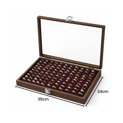 Boîte à bagues en bois avec couvercle transparent et plateaux rainurés